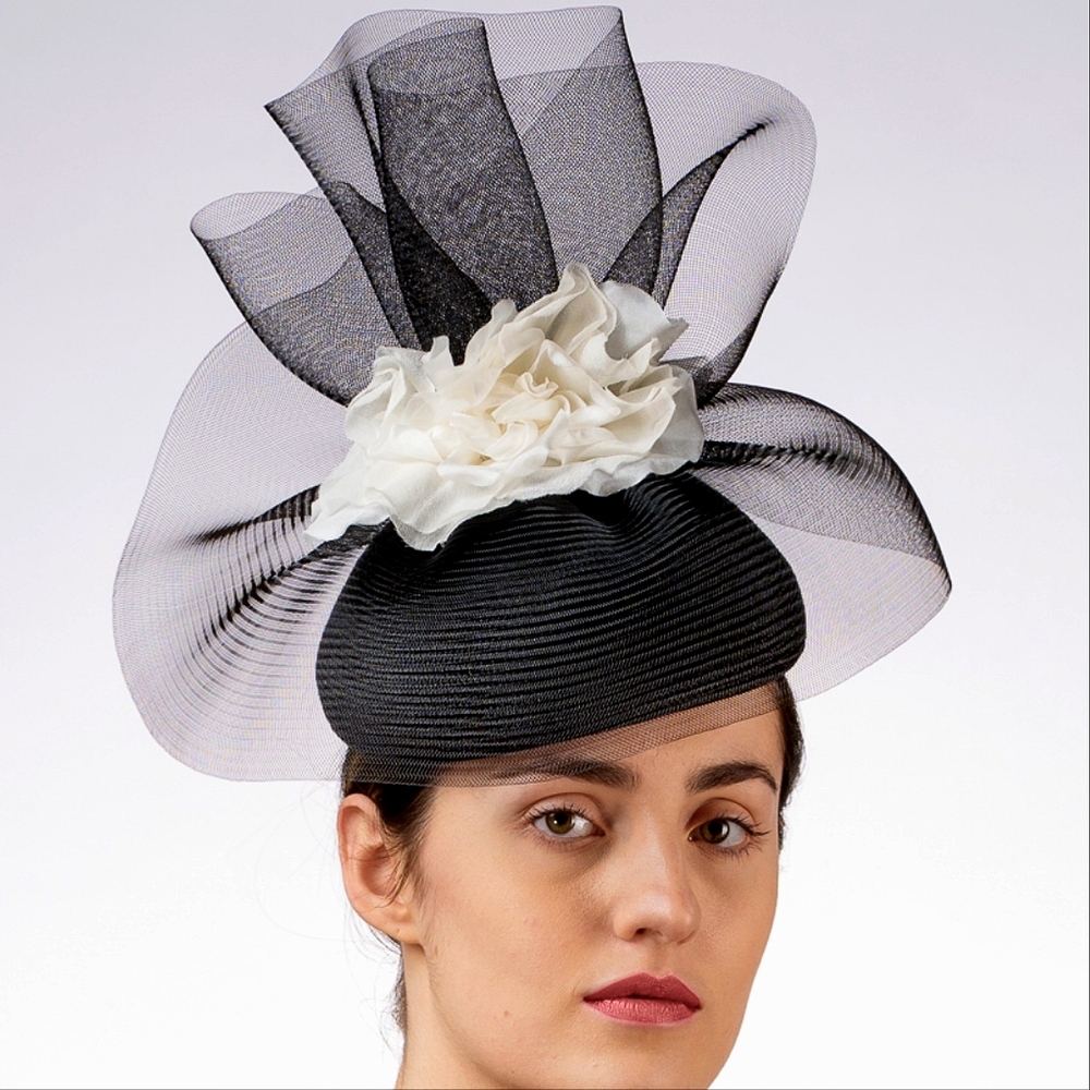 Beloved Millinery Couture Black White Flower Pillbox Hat Church Funeral Brunch - Picture 2 of 8